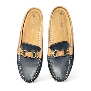 Naturalizer Hutton Leather Mule Loafers Navy Tan Size 8.5N Slip-On Comfort Shoes